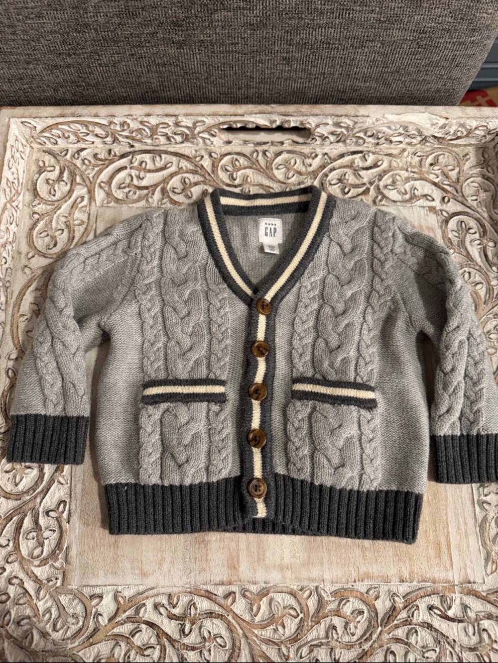 BABY GAP Gray Cable Knit Cardigan with Dark Trim